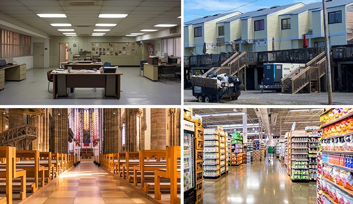 Collage of office, multifamily properties, church and retail store Collage of office, multifamily properties, church and retail store