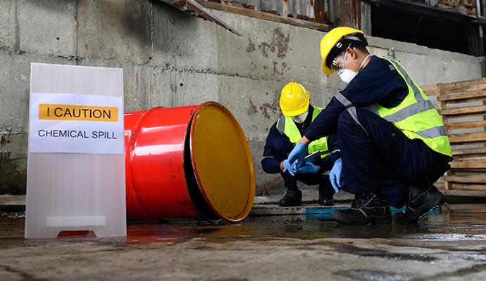 Experts inspecting spilled oil on the floor before cleanup Experts inspecting spilled oil on the floor before cleanup