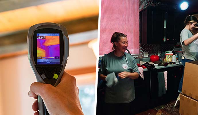 Collage showing air quality inspection and content restoration after fire damage.