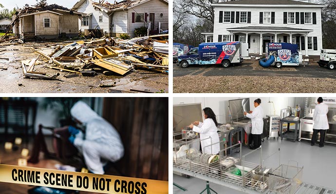 Collage of disaster damaged property, Special Touch service van, biohazard cleanup and content restoration service Collage of disaster damaged property, Special Touch service van, biohazard cleanup and content restoration service