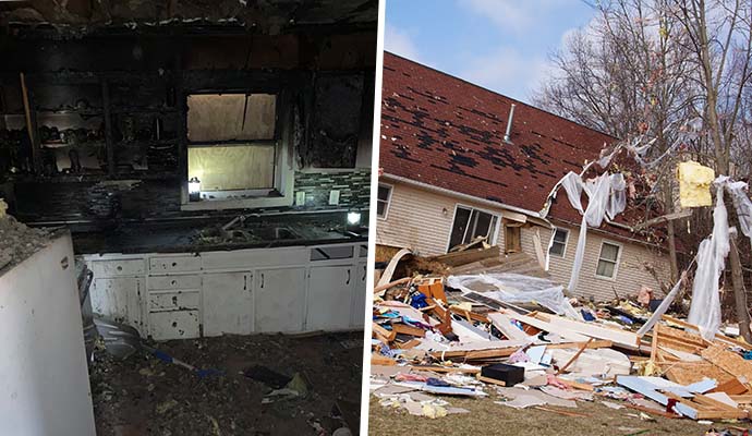 Collage of fire-damaged interior and storm-affected exterior of a property