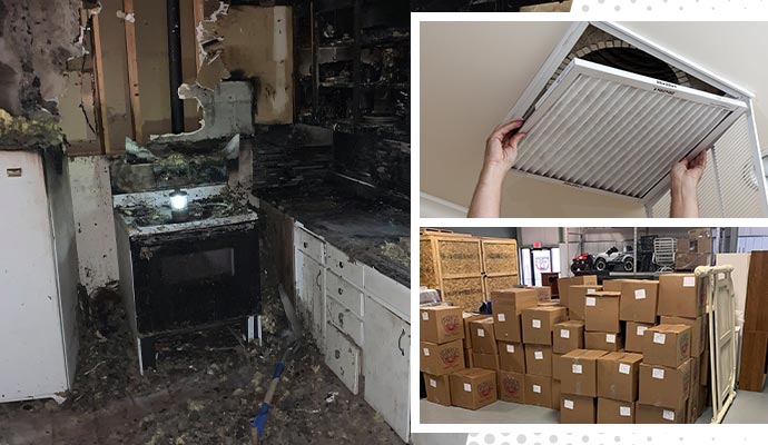 Collage of fire damage, duct system cleaning, and content pack-out
