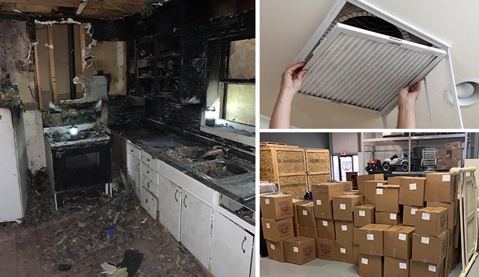Collage of fire damage, duct system cleanup, and content pack-out
