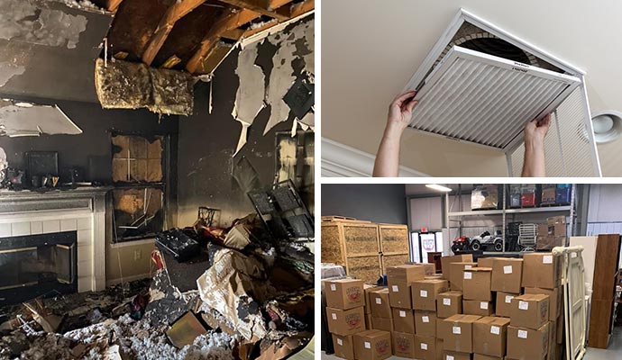 Collage of fire damage restoration services