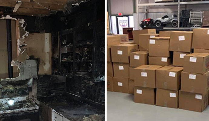 Collage of fire damaged room and content packout