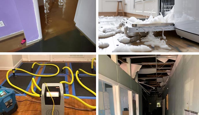 Collage of flood, appliance leak, water damage, and structural damage