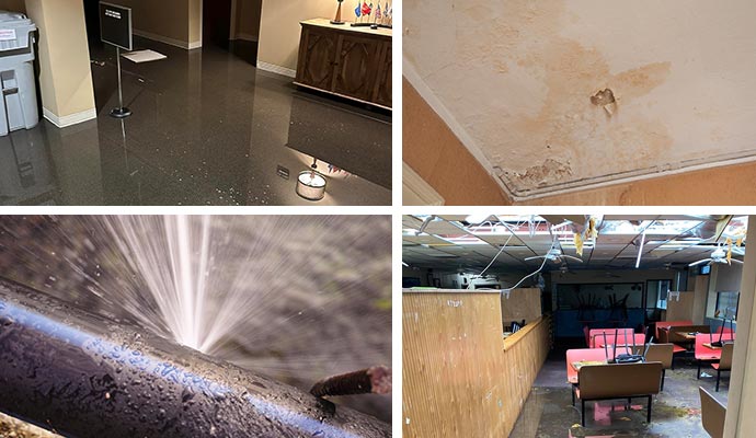 Collage of flood, roof leak, water pipe break, and structural damage property
