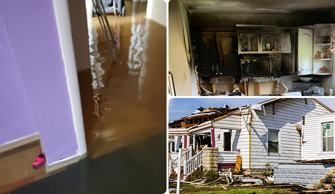 Collage of flooded floor, fire damaged kitchen, and disaster damaged house