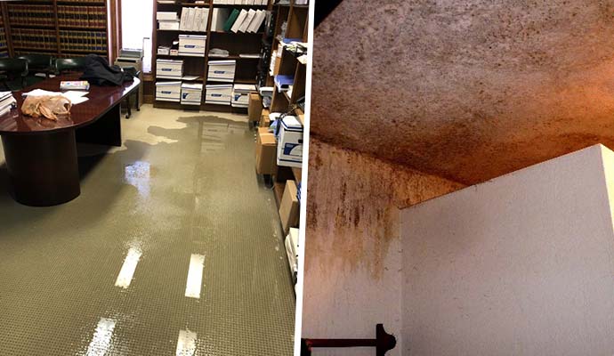 Collage of flooded office and water-damaged ceiling Collage of flooded office and ceiling corner showing severe water damage and mold growth