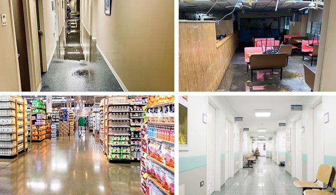 Collage of office, retail store, and school