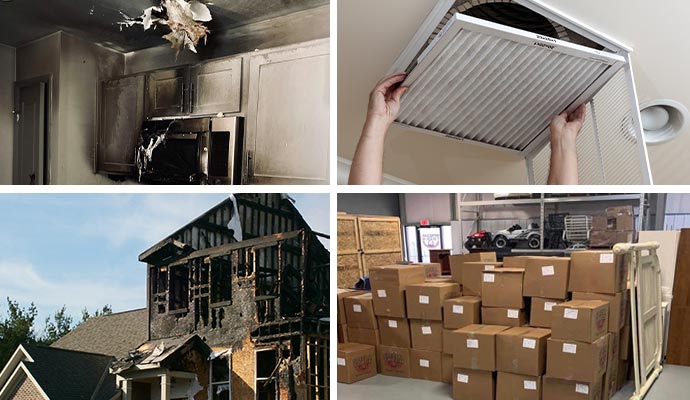 Collage of soot damaged kitchen, duct cleaning service, fire damaged house and packed out content