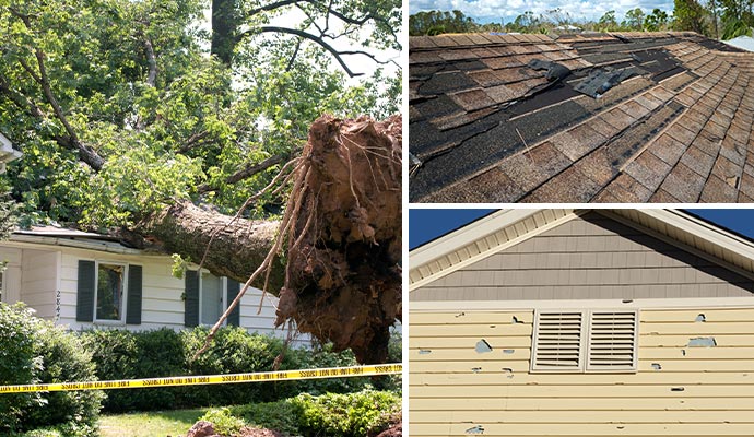 Collage of storm and hail damaged house