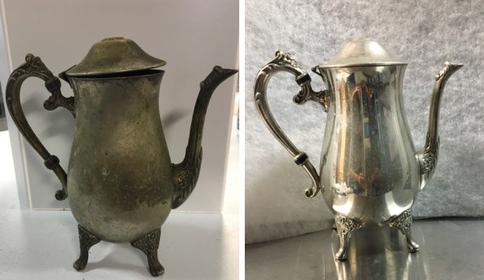 Collage of a teapot before and after restoration Collage of a teapot before and after professional cleaning and restoration