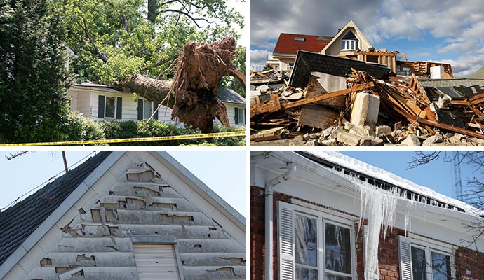 Collage of tree damaged house, storm damaged property, hail damaged property and snow damaged house