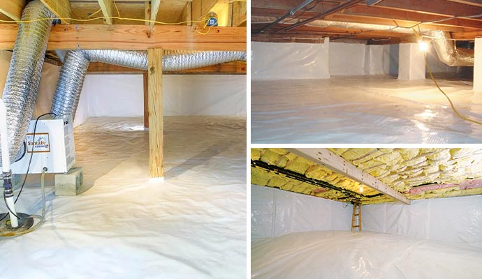 Collage of vapor barrier, encapsulated crawl space and insulated crawl space