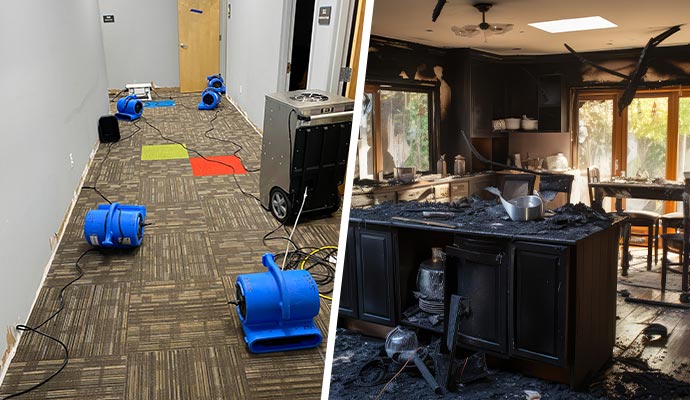 Collage of water and fire damage