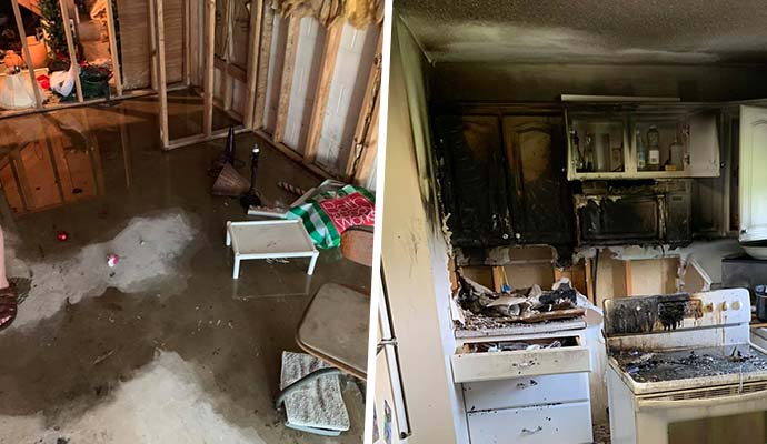 Collage featuring both water-damaged and fire-damaged areas of residential properties.