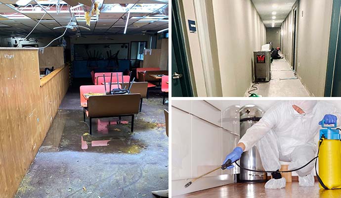Collage of water-damaged ceiling, hallway restoration and disinfecting services Collage showing a water-damaged ceiling, hallway under restoration and an expert spraying baseboards for cleaning