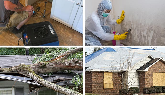 Collage of water damage inspection, mold remediation, storm damaged house and boarded up house Collage of water damage inspection, mold remediation, storm damaged house and boarded up house