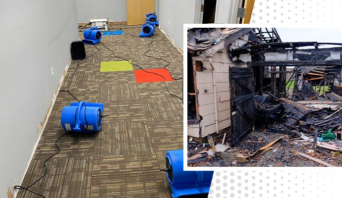 Collage of water damage restoration and fire damage property