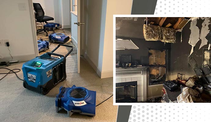 Collage of water damage restoration and fire damaged room