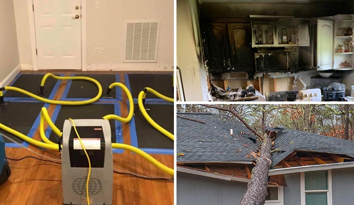 Collage of water damage restoration, fire damaged property and storm damaged house roof