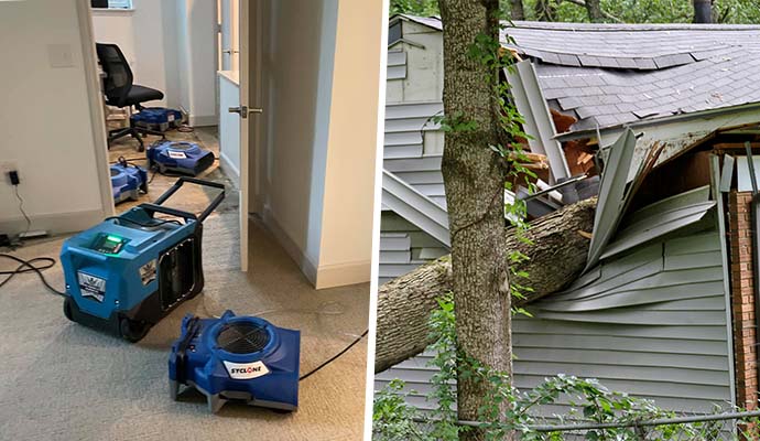Collage of water damage restoration equipment and storm-damaged roof Collage showing water damage restoration equipment and a tree fallen on a house roof due to a storm