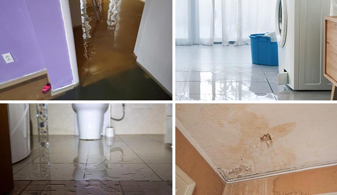 Collage of water damaged floor, appliance leakage, water damaged bathroom floor and damaged ceiling