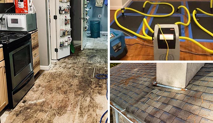 Collage of water damaged floor, ceiling and restoration equipment
