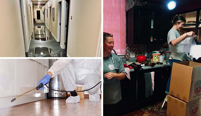 Collage featuring water damaged floor, disinfecting, and professional content restoration.