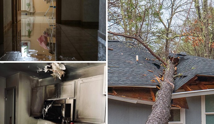 Visual collage depicting different types of property damage, including water, fire, and storm