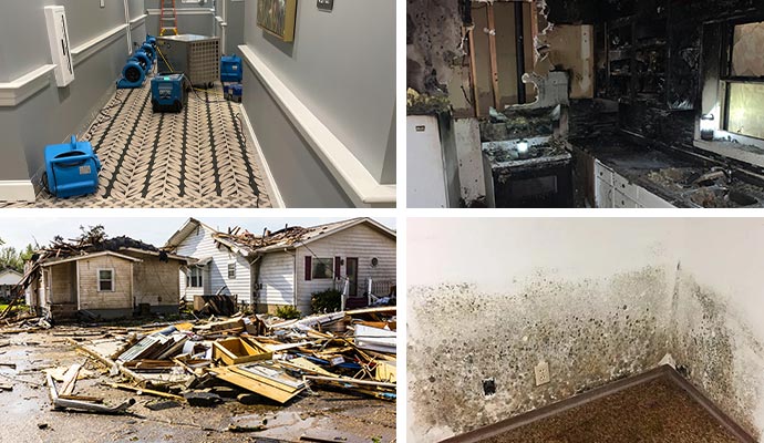 Collage of water, fire, storm, and mold damage