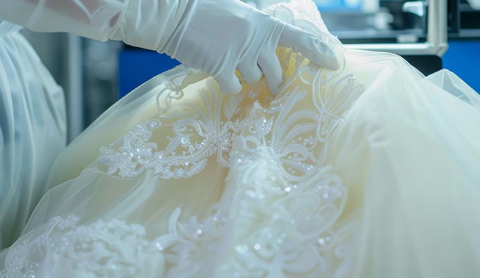 Professional worker restoring a white gown