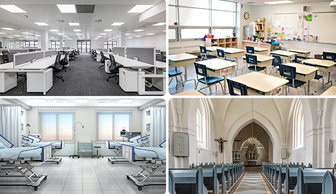 Collage of clean office, school, healthcare and church
