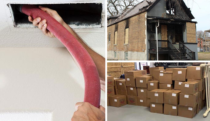 Collage of duct cleaning, fire damage, and contents packout