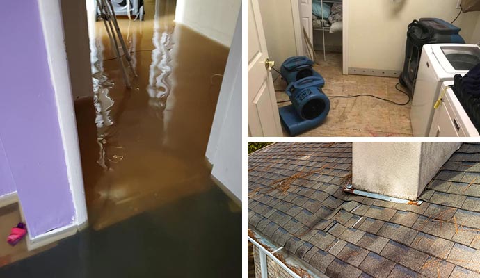 Collage of flooded rooms, damaged roof and water extraction equipment