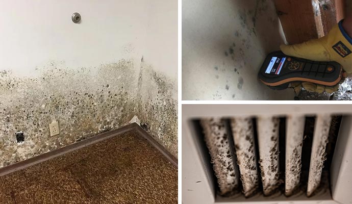 Collage of wall and ceiling AC unit and mold testing using a device