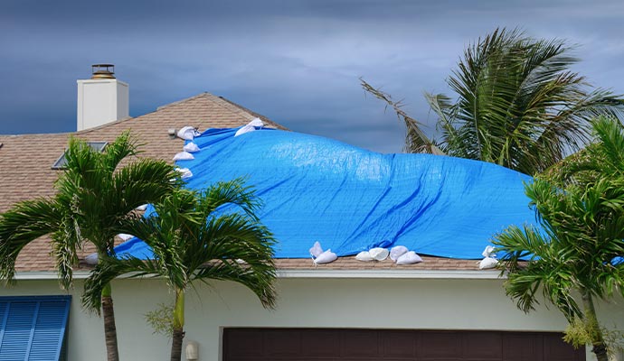 House roof covered by blue tarp House roof covered by blue tarp