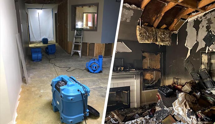 Collage of water damage restoration equipment and fire damaged room