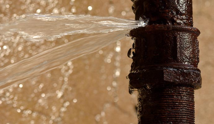 Water escaping from a broken, rust-covered pipe in a basement area