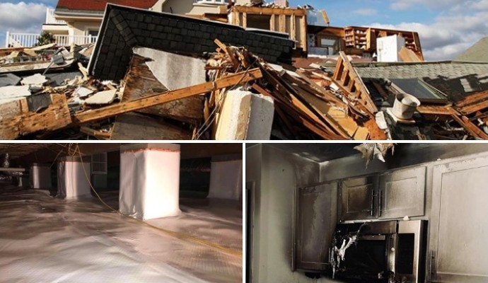 Collage of storm damaged property, encapsulated crawl space and fire damaged property Collage of storm damaged property, encapsulated crawl space and fire damaged property