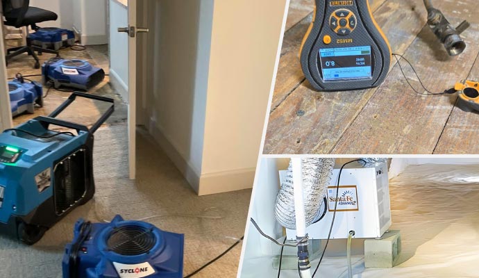 Collage of water drying equipment, moisture meter and installed dehumidifier Collage of water drying equipment, moisture meter and installed dehumidifier