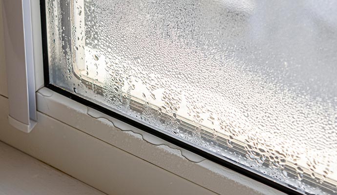 Close-up of moisture droplets accumulating on a window pane