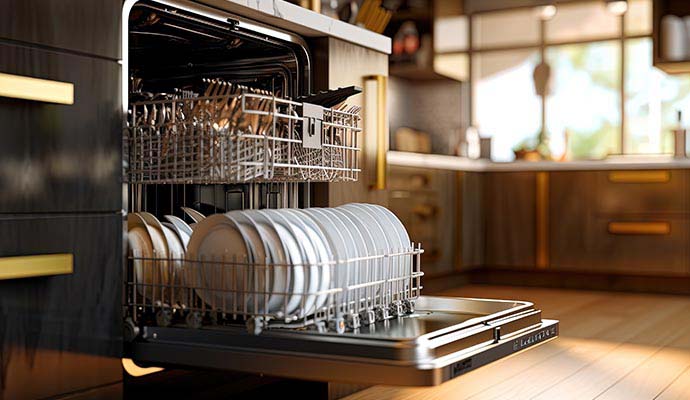Open dishwasher loaded with clean dishes Open dishwasher filled with clean dishes in a modern kitchen