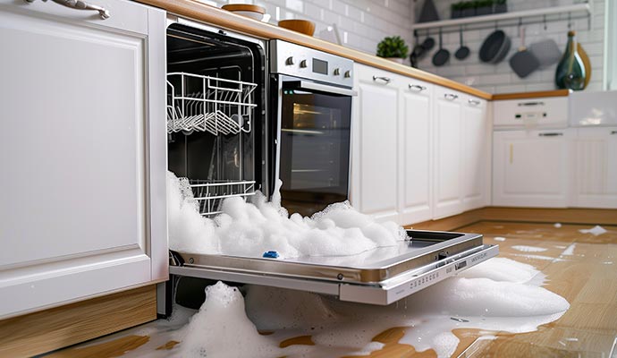 Dishwasher overflowing with soap suds onto a wooden kitchen floor