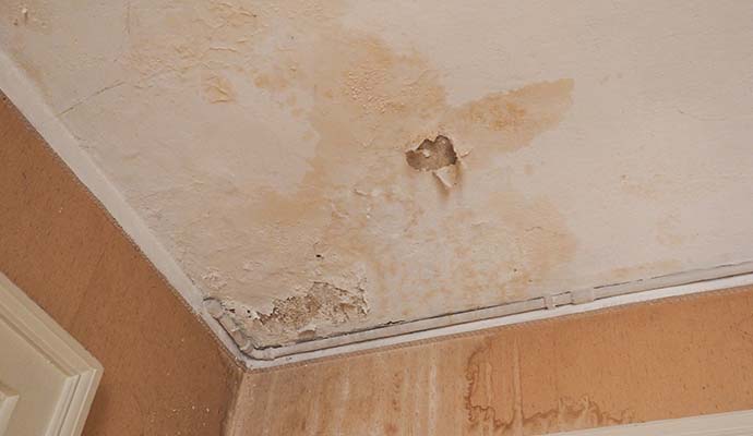Water-damaged ceiling showing peeling paint and stains from roof leakage