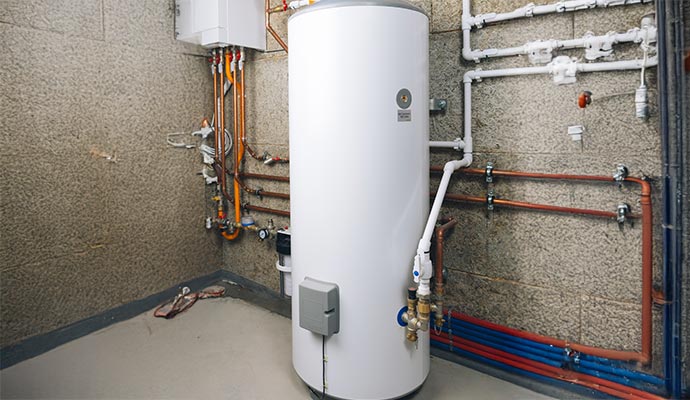 Water heater installed in utility room Water heater installed in a utility room, connected to multiple pipes and valves