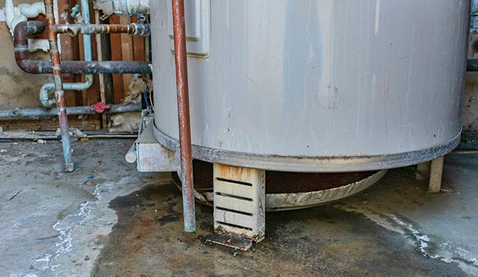 Corroded water heater with possible leakage Rusty water heater with corroded pipes and wet stains on the floor, indicating leakage