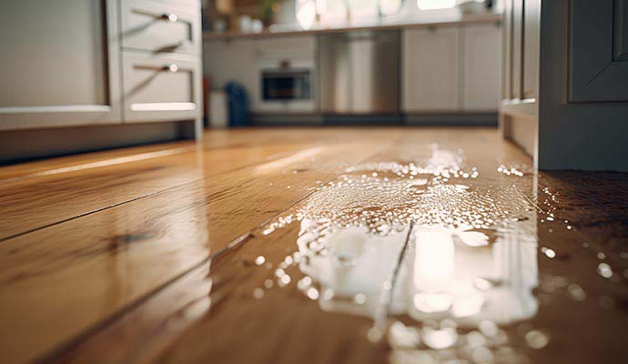 Puddle of water on a wooden kitchen floor Wooden kitchen floor with water puddle near appliances