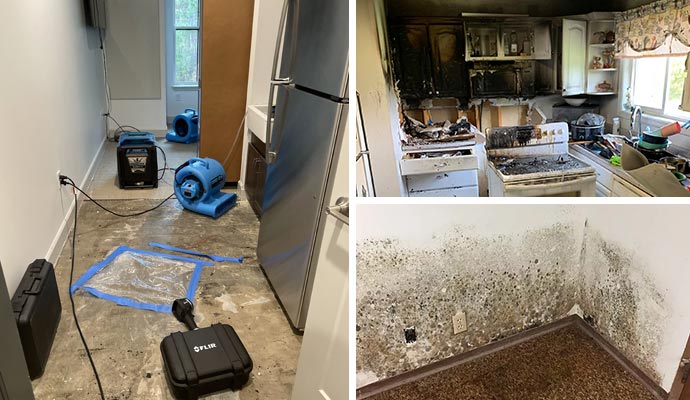 Collage of water, fire and mold damaged property